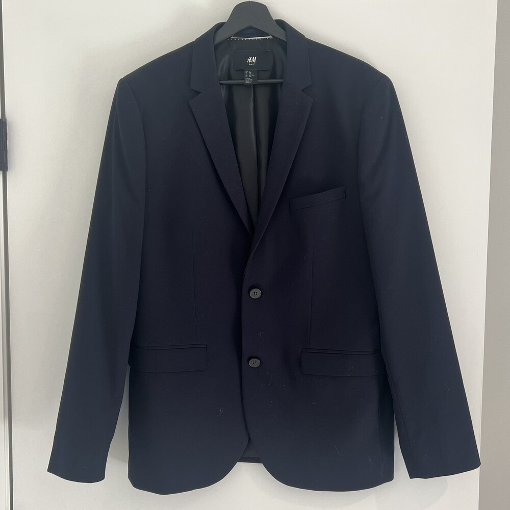 H&M Men's Navy Slim Fit Suit Jacket Solid 2 Button Notch Lapel 44R EU 54 EUC